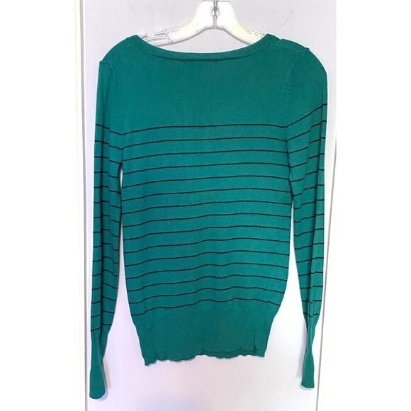 Mossimo Long Sleeve Pullover Green & Black Striped V-neck Sweater Women's Small - Picture 2 of 7
